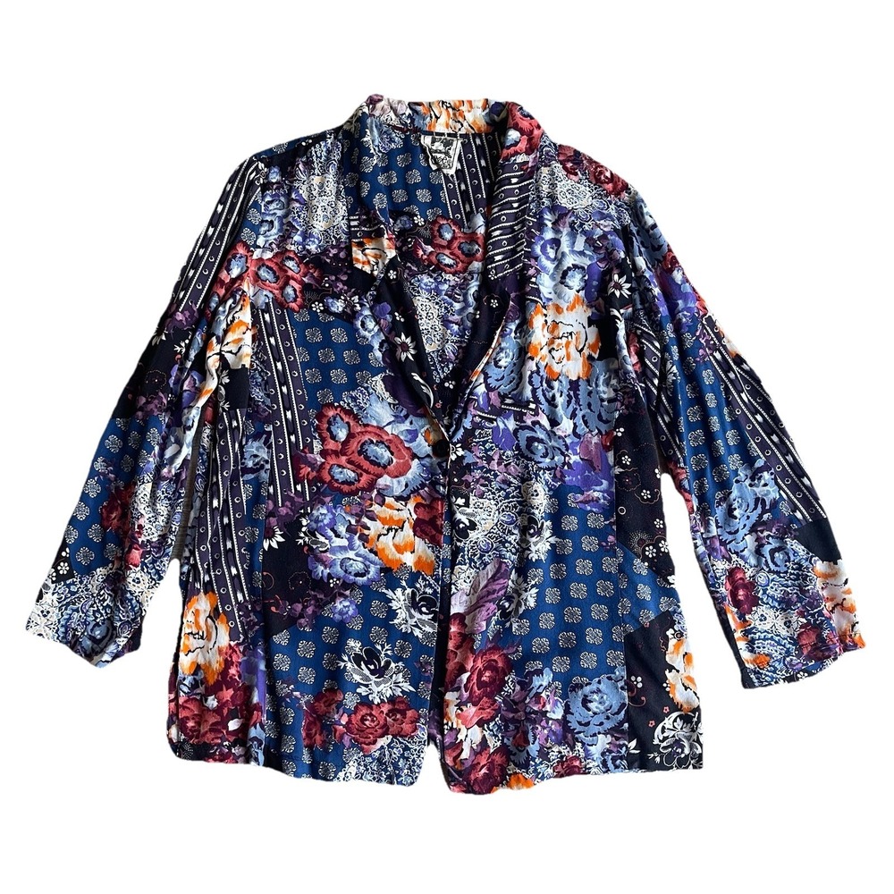 Jaase Women's Large Boho Patchwork Jacket Roll Tab Sleeve One Button Lightweight